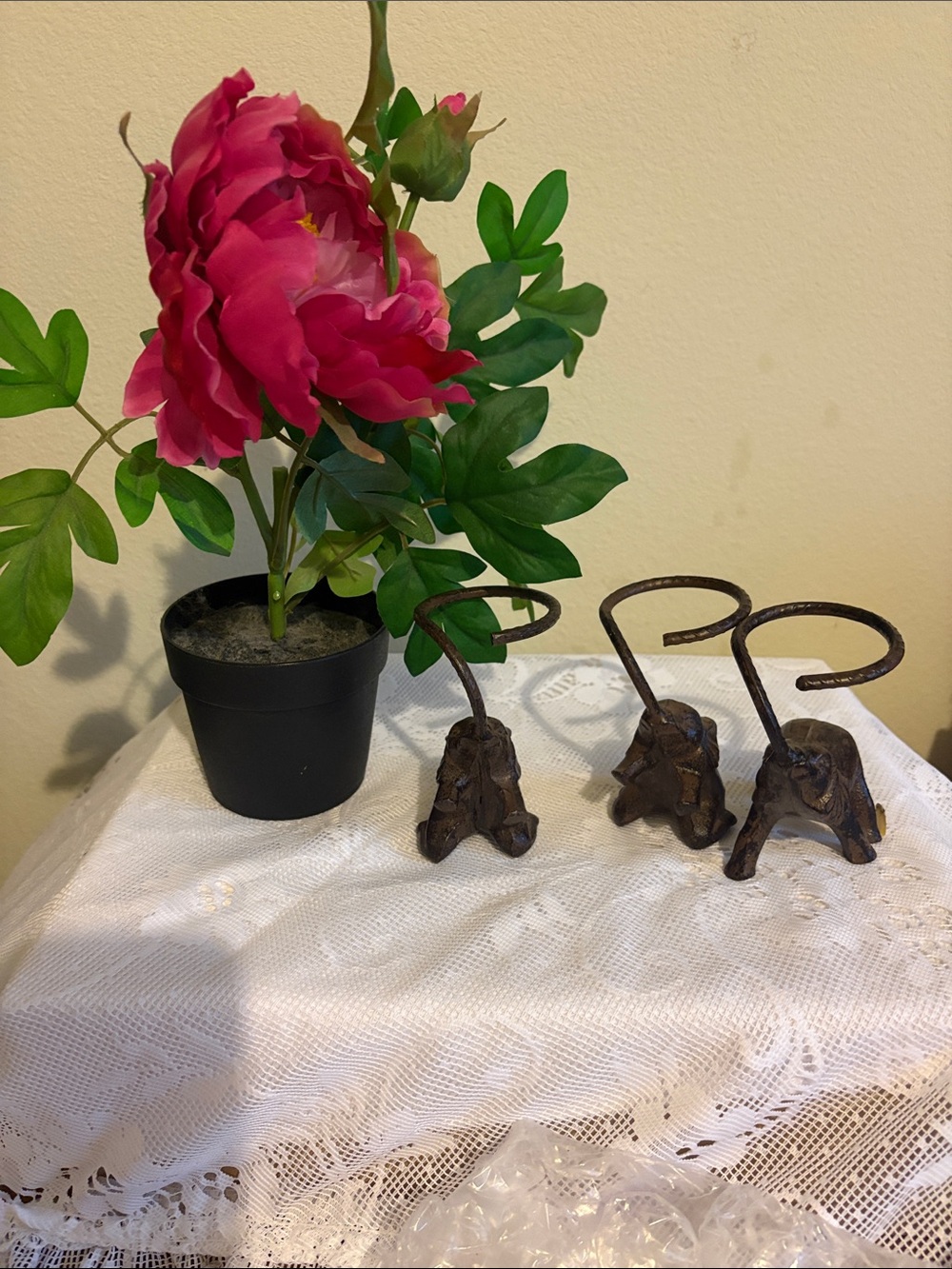 Three  vintage cast iron elephants ring holders